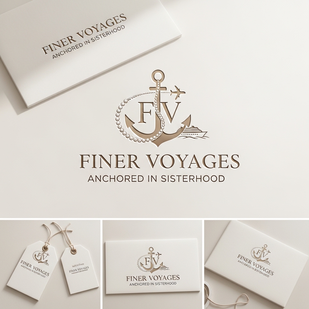 Finer Voyages — Brand Identity — Tan & cream brand mockup: logo, swing tags, envelope & gift box