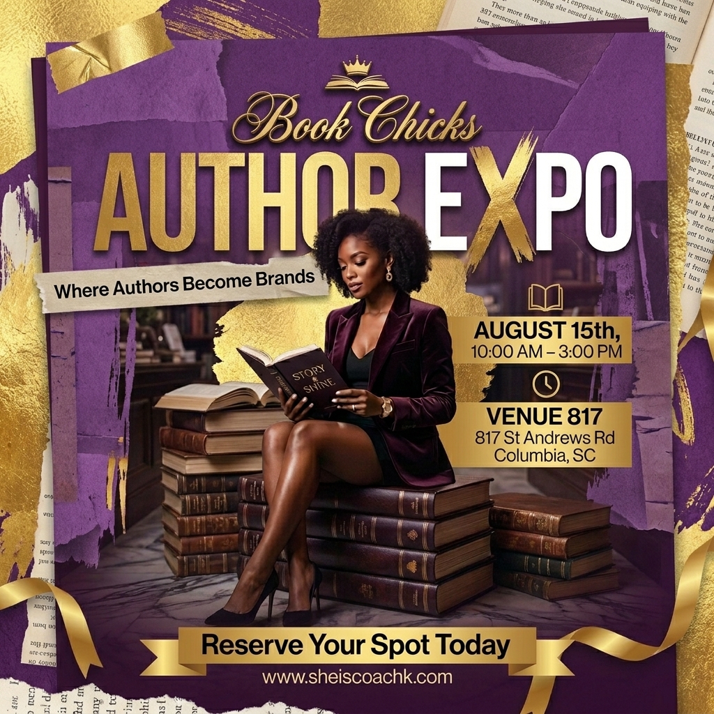 Book Chicks Author Expo — Purple & gold flyer — 'Where Authors Become Brands'