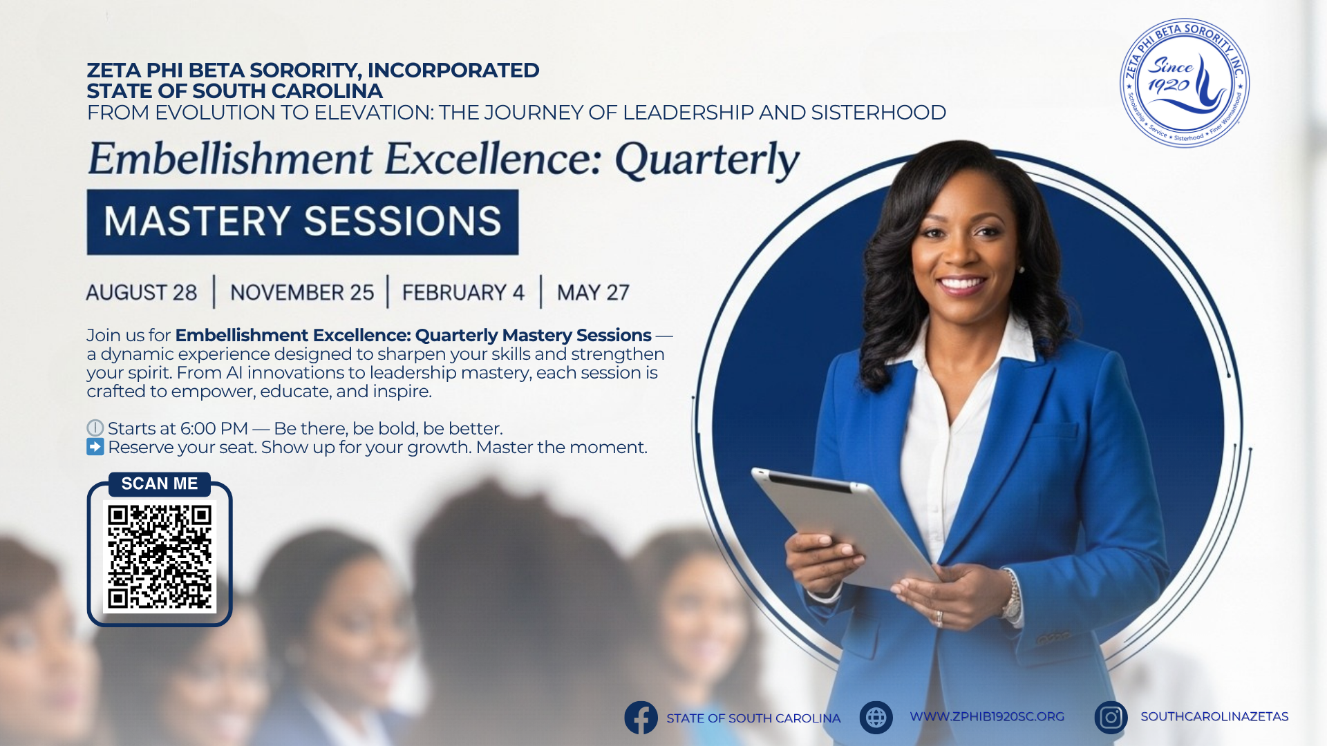 Embellishment Excellence — Mastery Sessions — Quarterly mastery sessions flyer for ZPB State of South Carolina