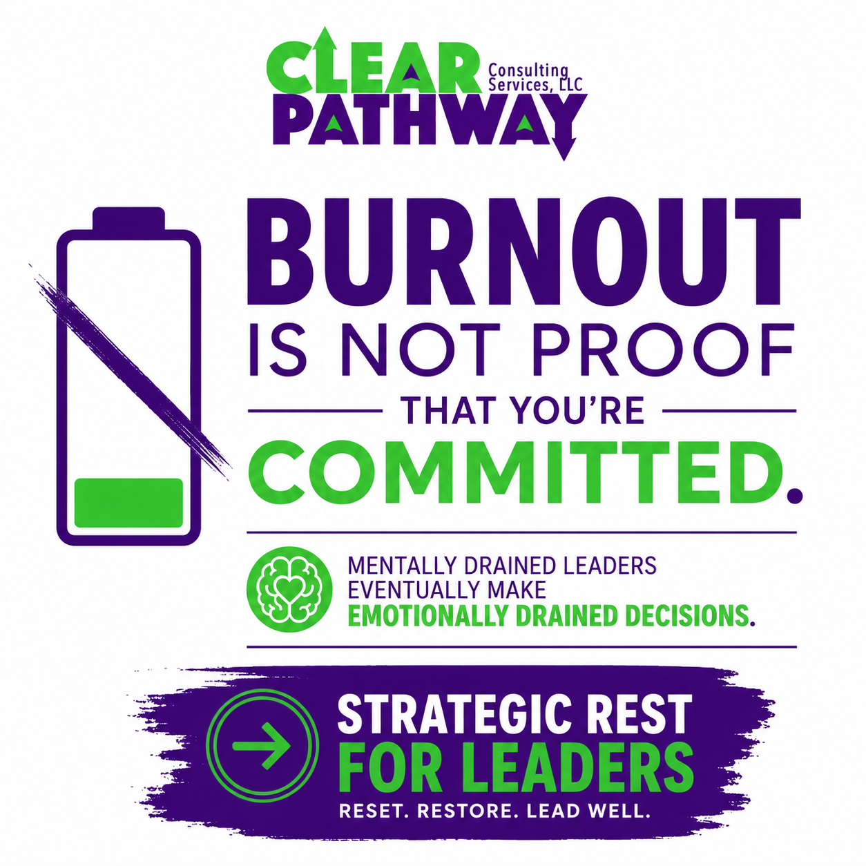 Burnout Is Not Proof — Bold typographic campaign for Clear Pathway's Strategic Rest series