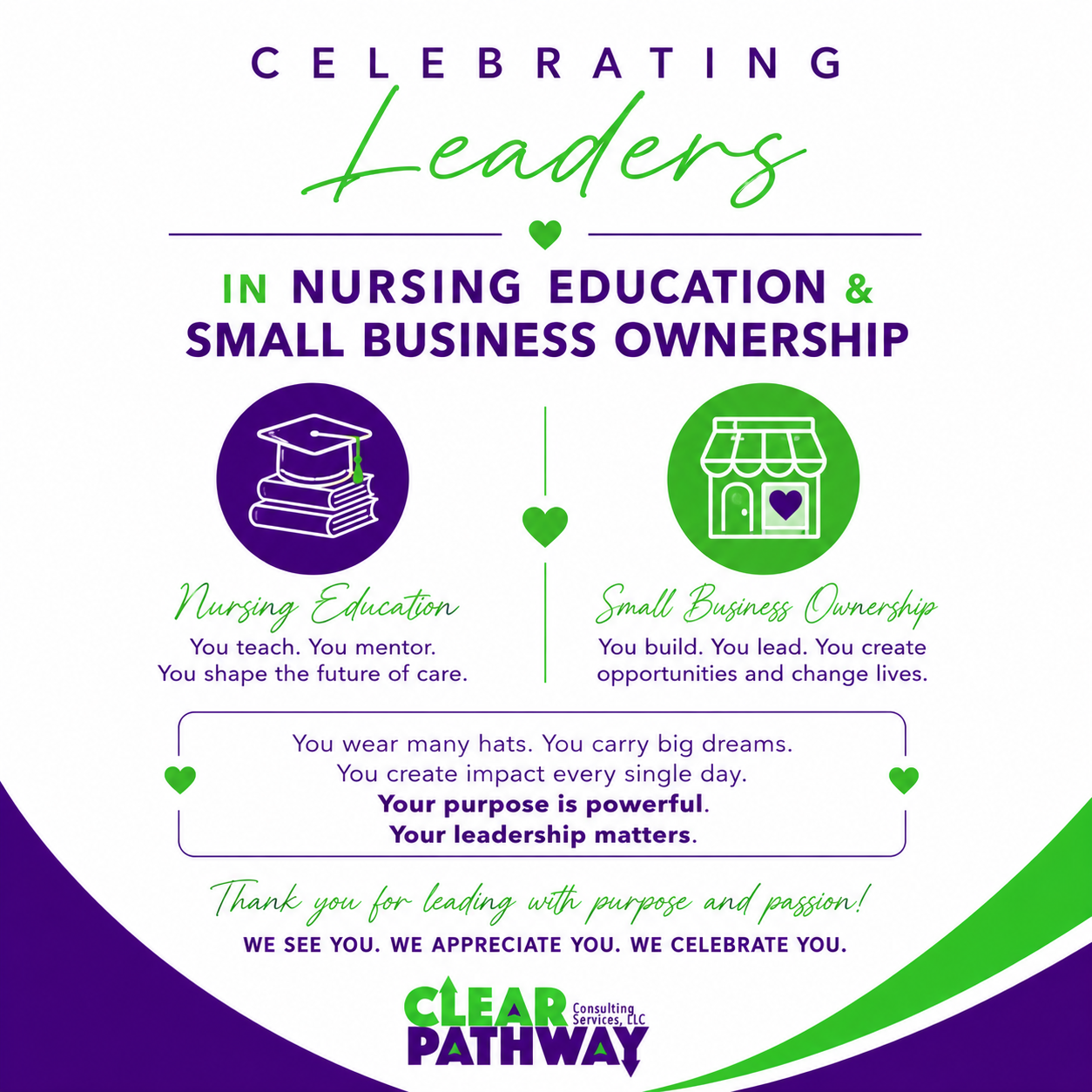 Celebrating Leaders — Nursing & Small Business — Appreciation graphic for Clear Pathway's leader community