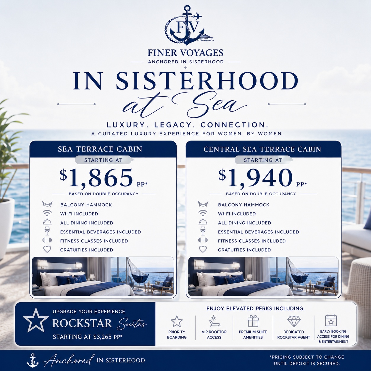 In Sisterhood at Sea — Pricing Tiles — Luxury cruise pricing graphic for Finer Voyages
