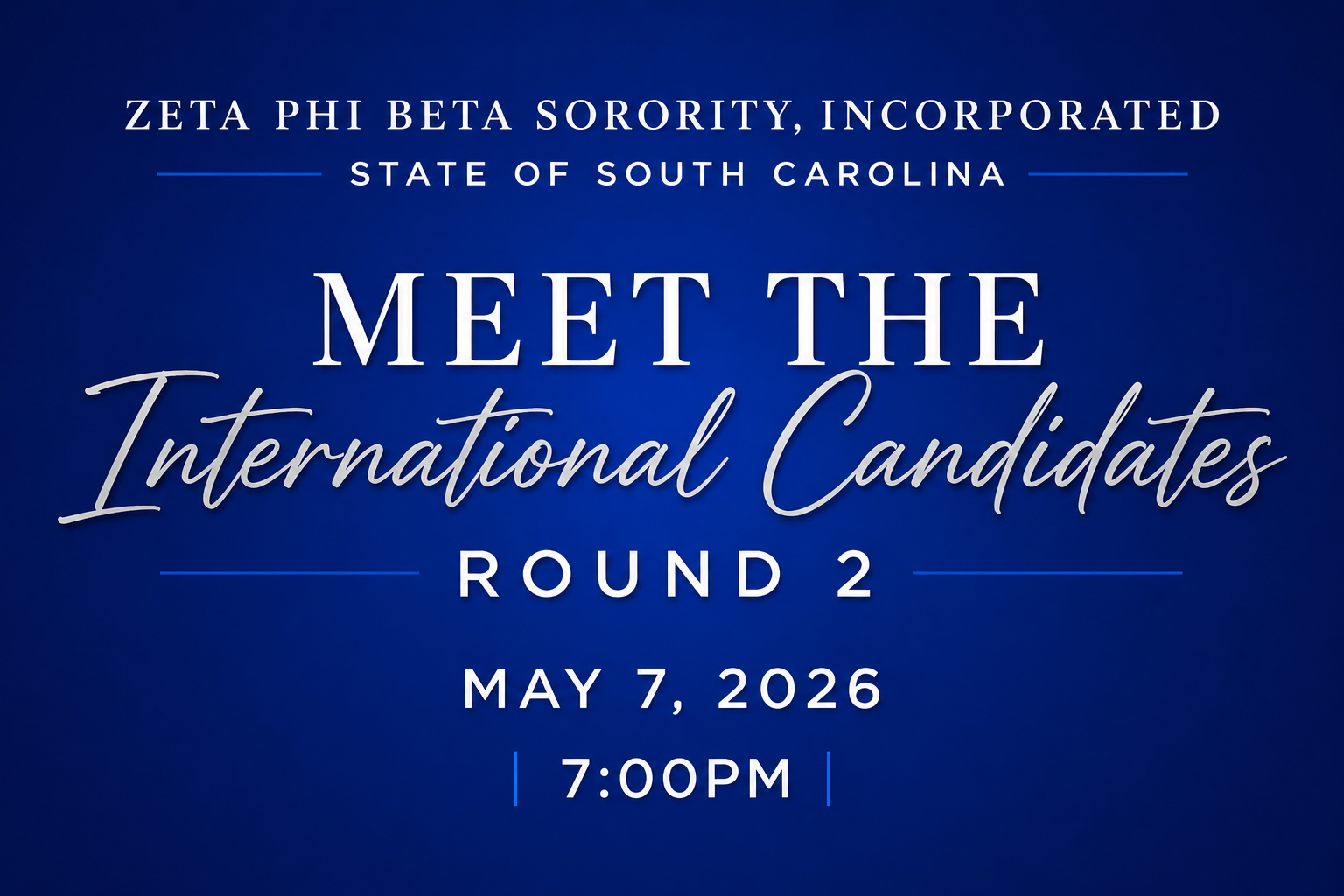 Meet the International Candidates — Round 2 — Elegant event announcement graphic for ZPB State of South Carolina