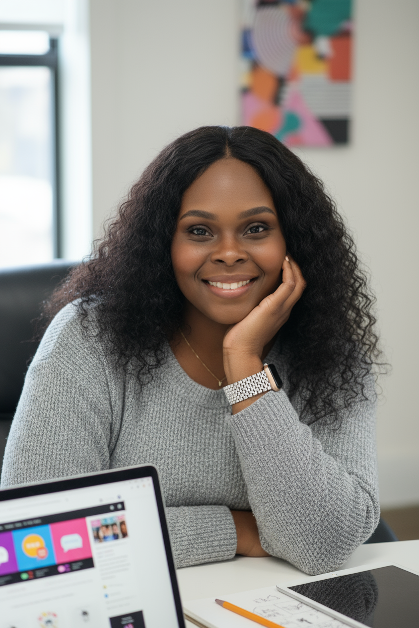 Latoya at her desk reviewing client work