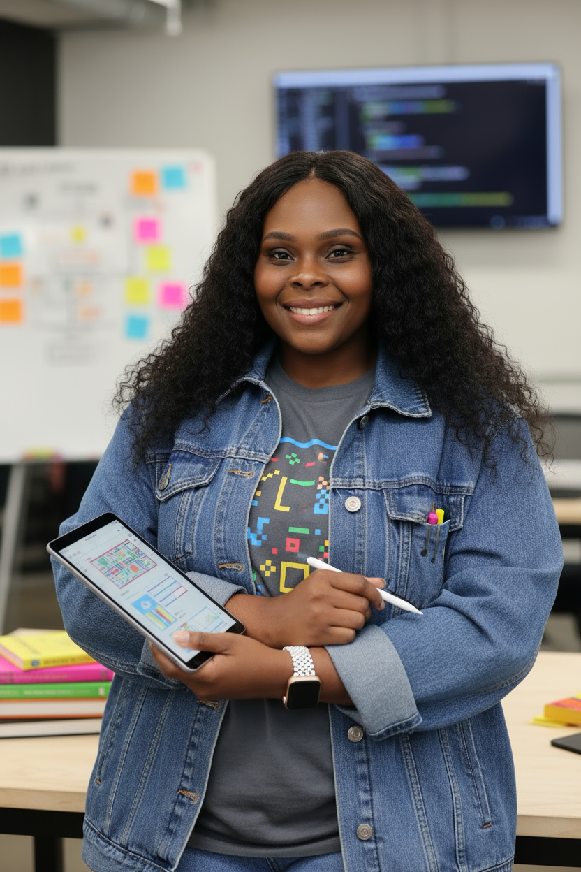 Latoya leading a strategy workshop with sketches on a tablet