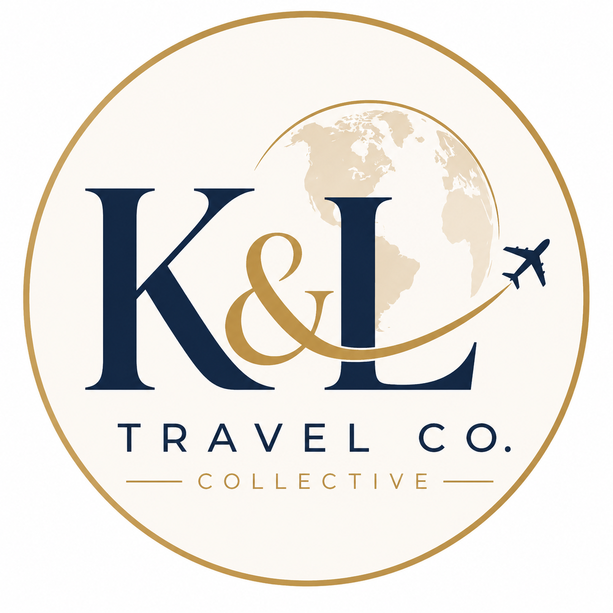 K&L Travel Co. — Logo Mark — Navy & gold circular monogram with globe and flight path